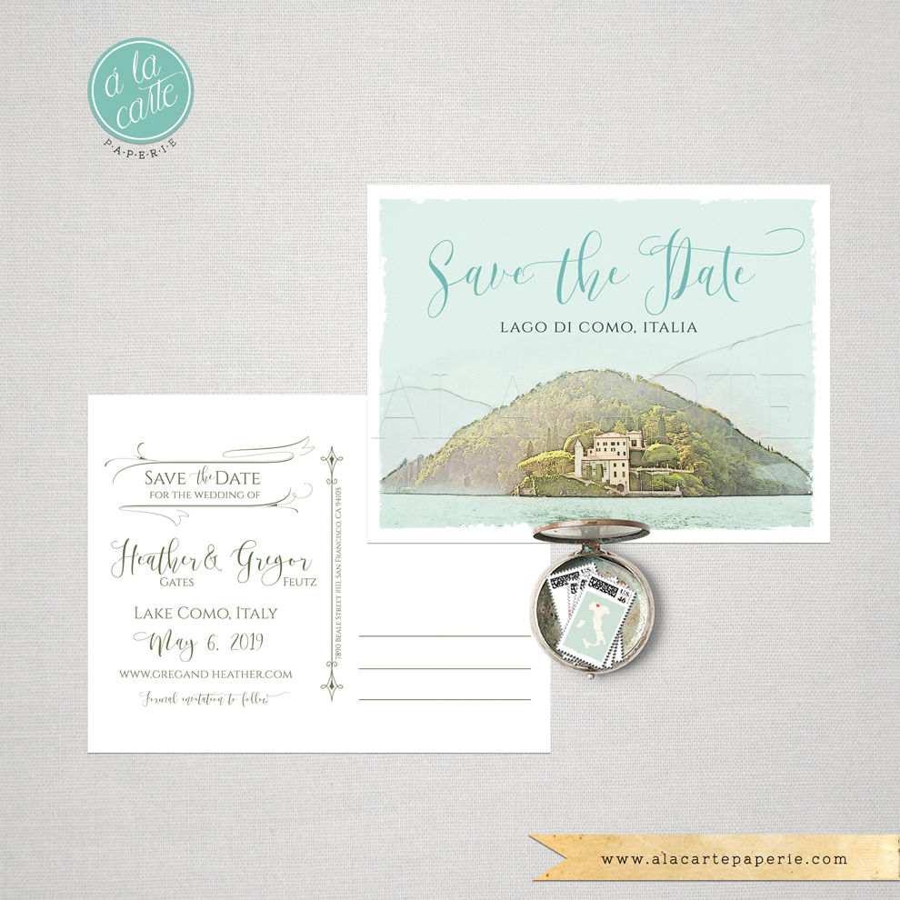 Lake Como Italy Save the Date Watercolor Illustrated postcard