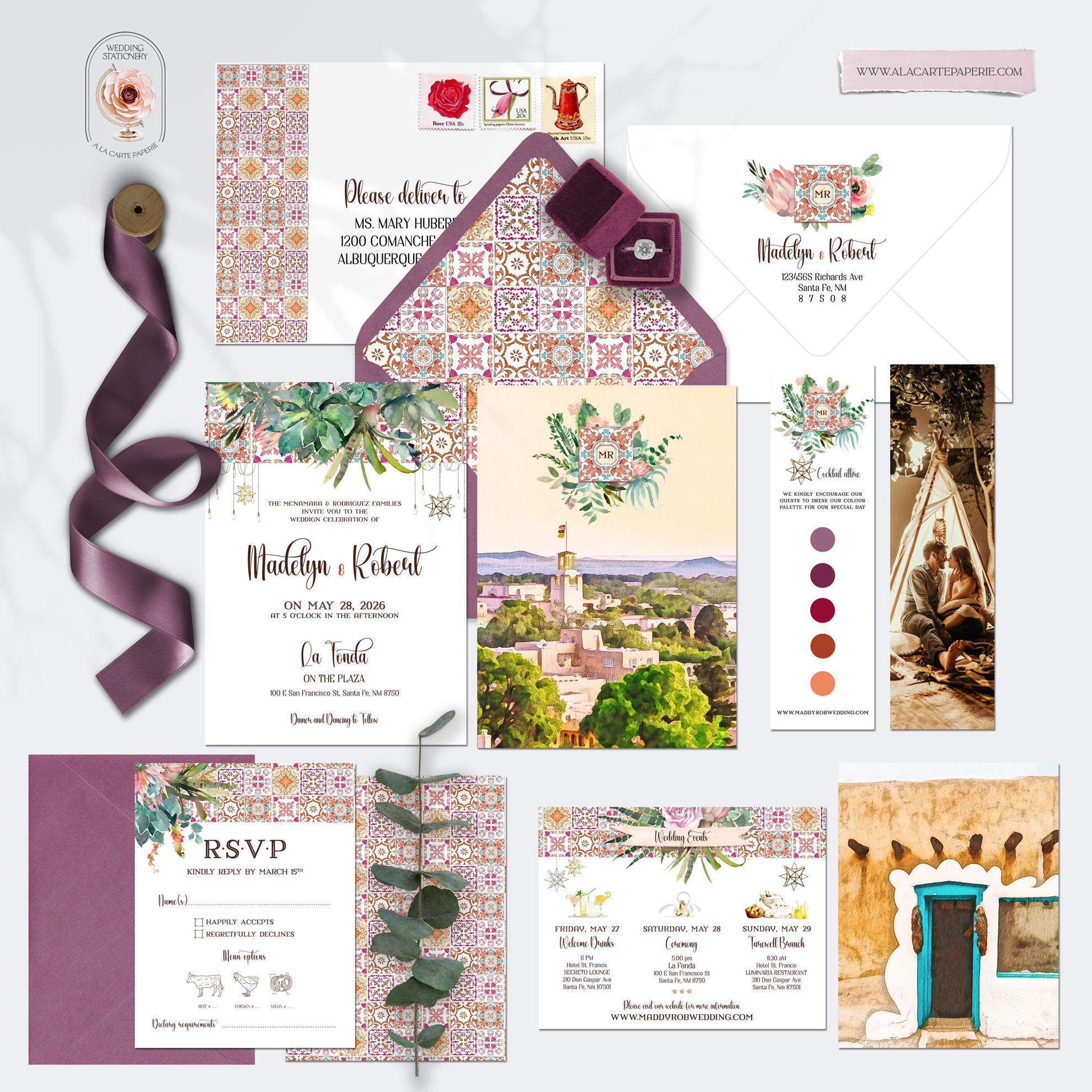 Santa Fe NM New Mexico USA Watercolor Illustrated Wedding Invitatation Set