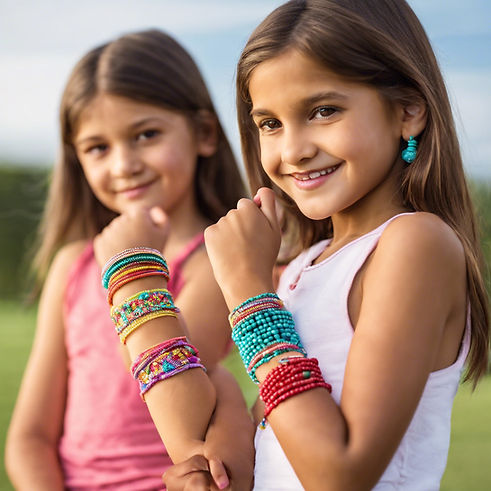 caucasian 7 year old girl wearing friendship bracelet on her wrist and indian 9 year old g