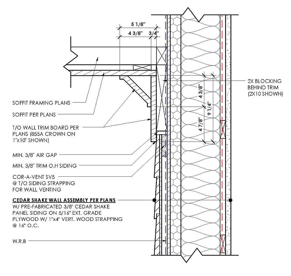 2D architectural detail shows detailed cedar shake wall at soffit crown molding trim. It shows the cedar shake wall assembly, soffit, framing, air gaps, and dimensions. Labels and lines mark components. 