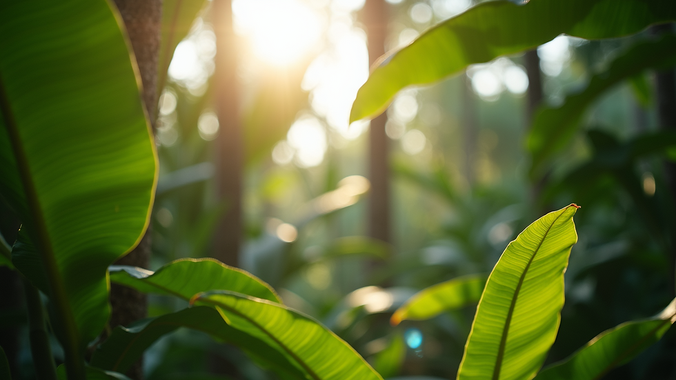 High angle view of sunlight filtering through tropical green leaves