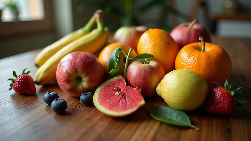 High angle view of fresh fruits on a wooden table