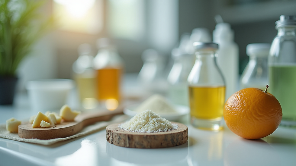 Close-up view of natural skincare ingredients in a lab setting