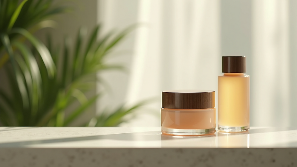 Eye-level view of a skincare product in a natural setting