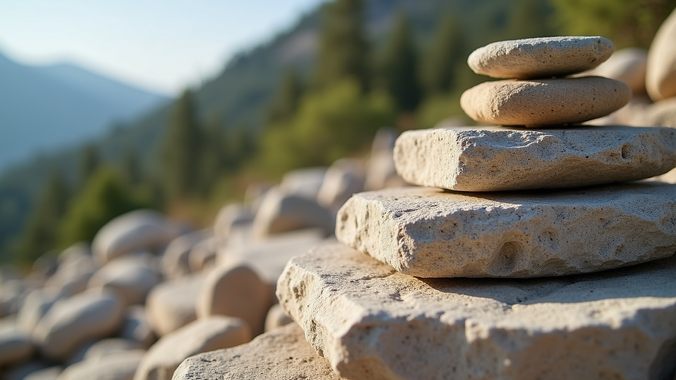 Eye-level view of a neatly stacked pile of natural stone slabs