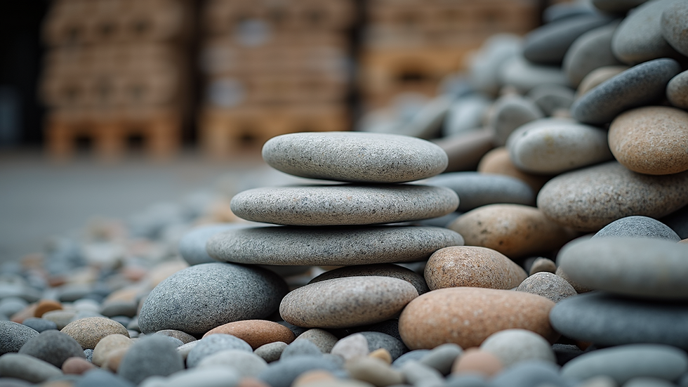 Eye-level view of a neatly stacked pile of landscaping stones at a supply yard