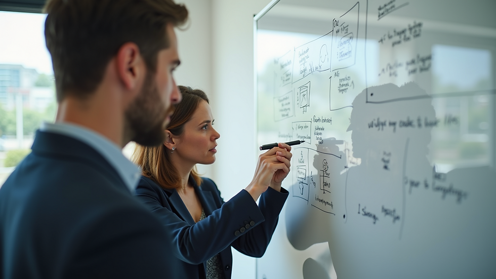 Close-up view of a marketing team brainstorming ideas on a whiteboard