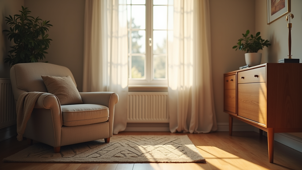 Eye-level view of a cozy living room with a comfortable chair and soft lighting