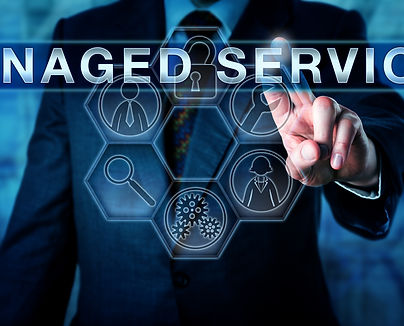Male business consultant is touching MANAGED SERVICES an a virtual interactive control int