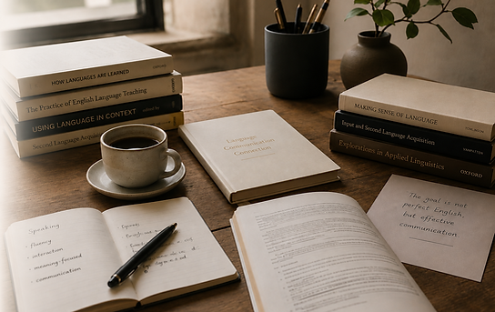 Mesa de estudos com livros sobre aprendizagem de línguas, cadernos, canetas e xícara de café