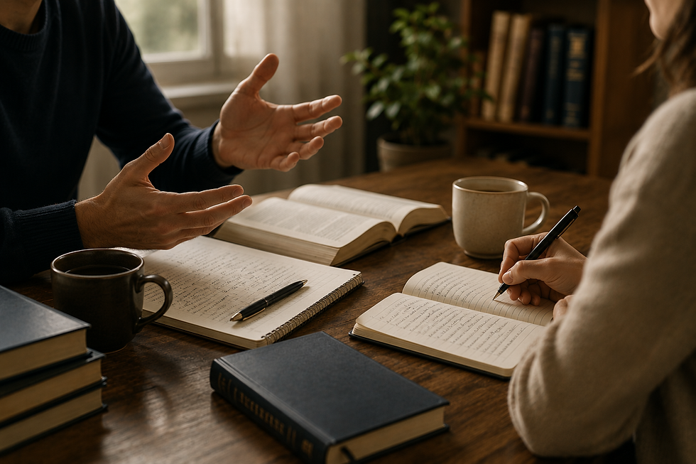 Ambiente acolhedor com livros e cadernos em cima de uma mesa e duas pessoas conversando