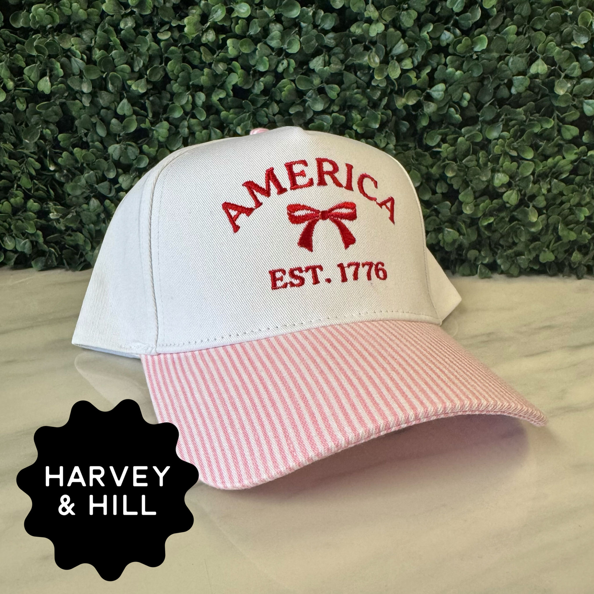 America 1776 Red Embroidered Bow Cap with Pink Stripes