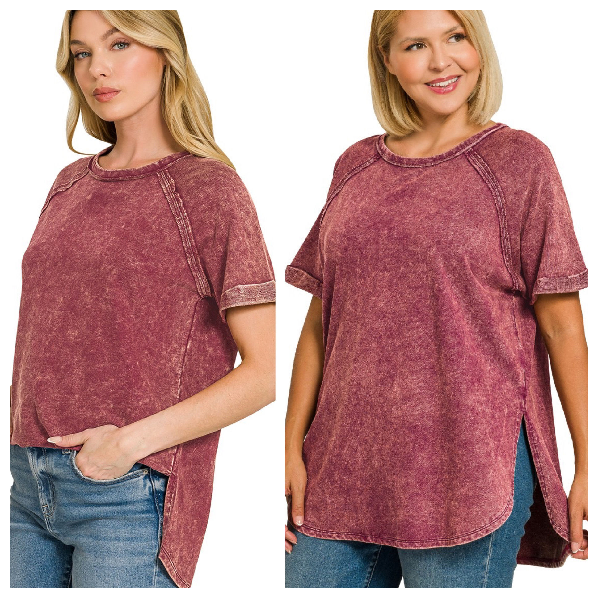 Long French Terry Mineral Washed Split Hem Top