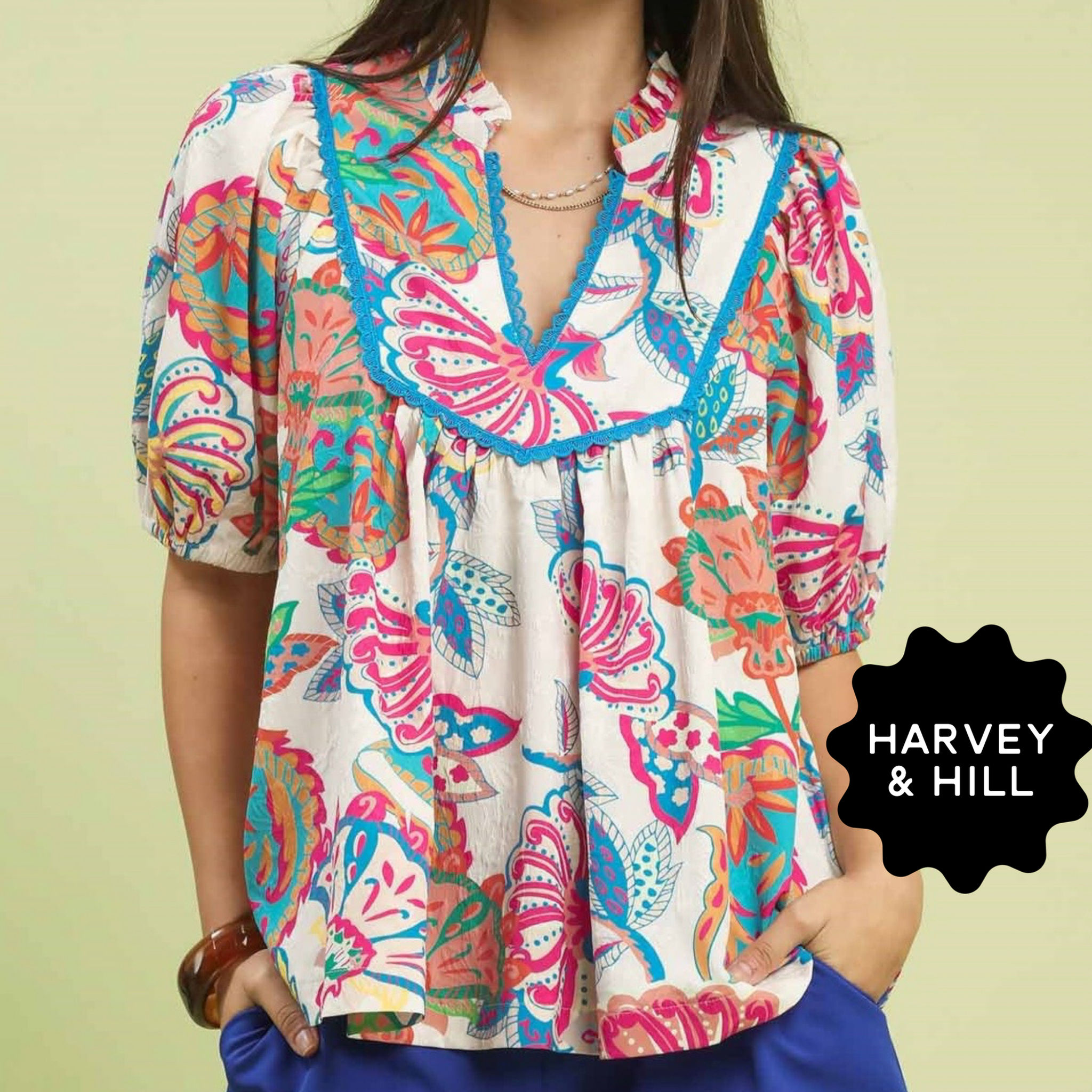 Bright Paisley Floral Top with Lace Trim