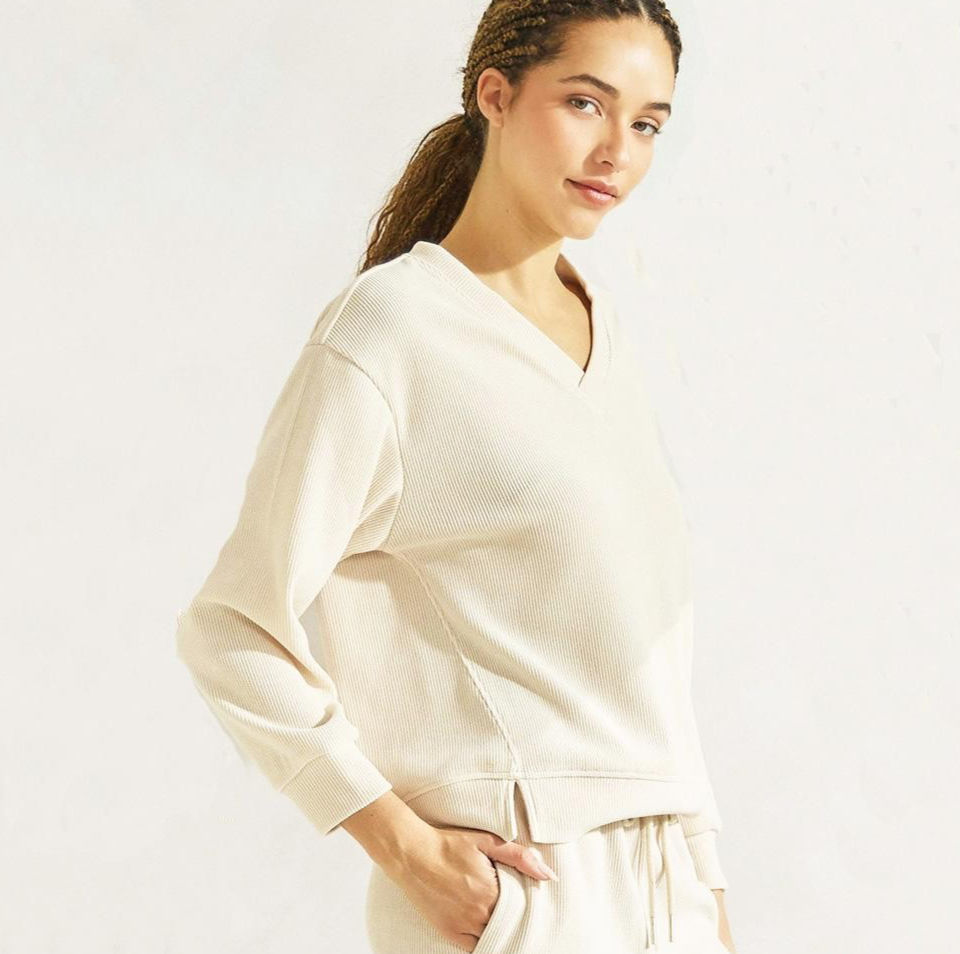 Soft Ivory Corded V-Neck Split Hem Athleisure Top
