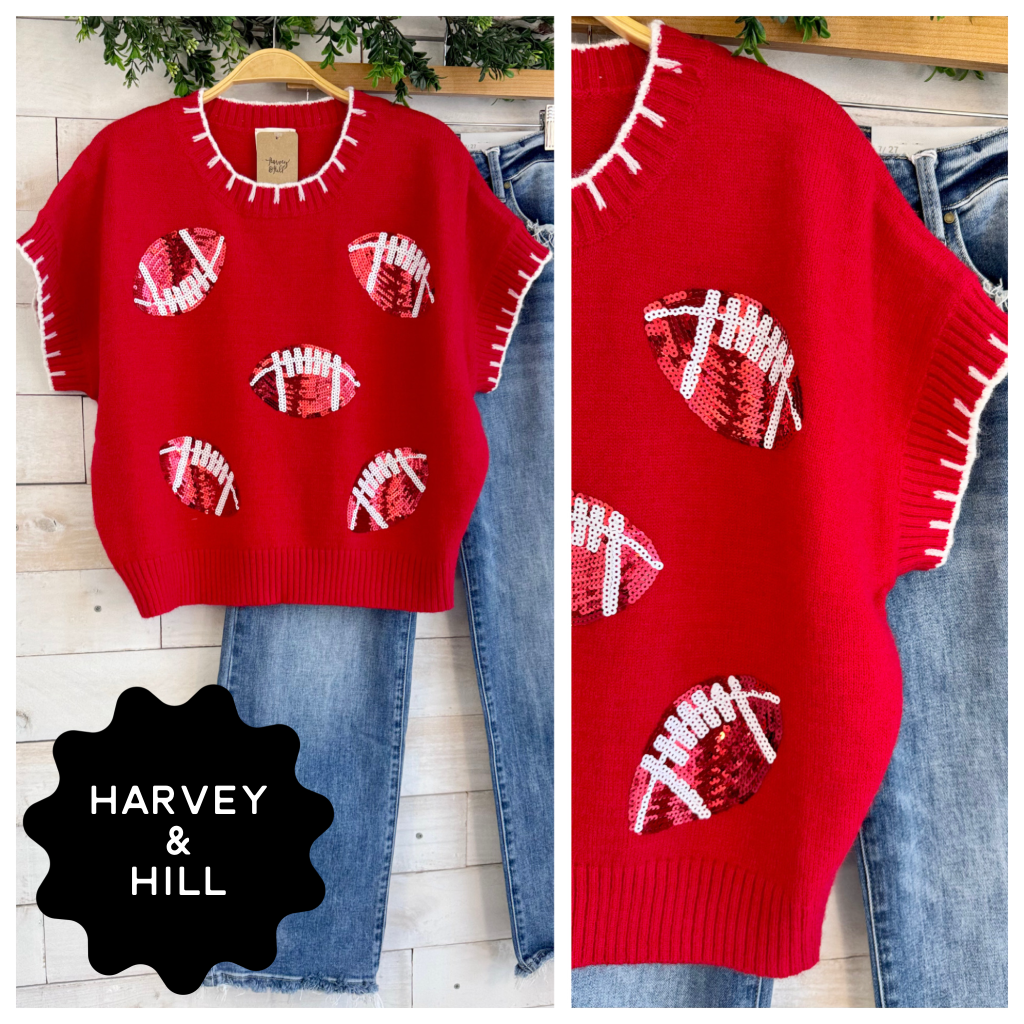 Farrah Red Sequined Football Whip Stitch Sweater