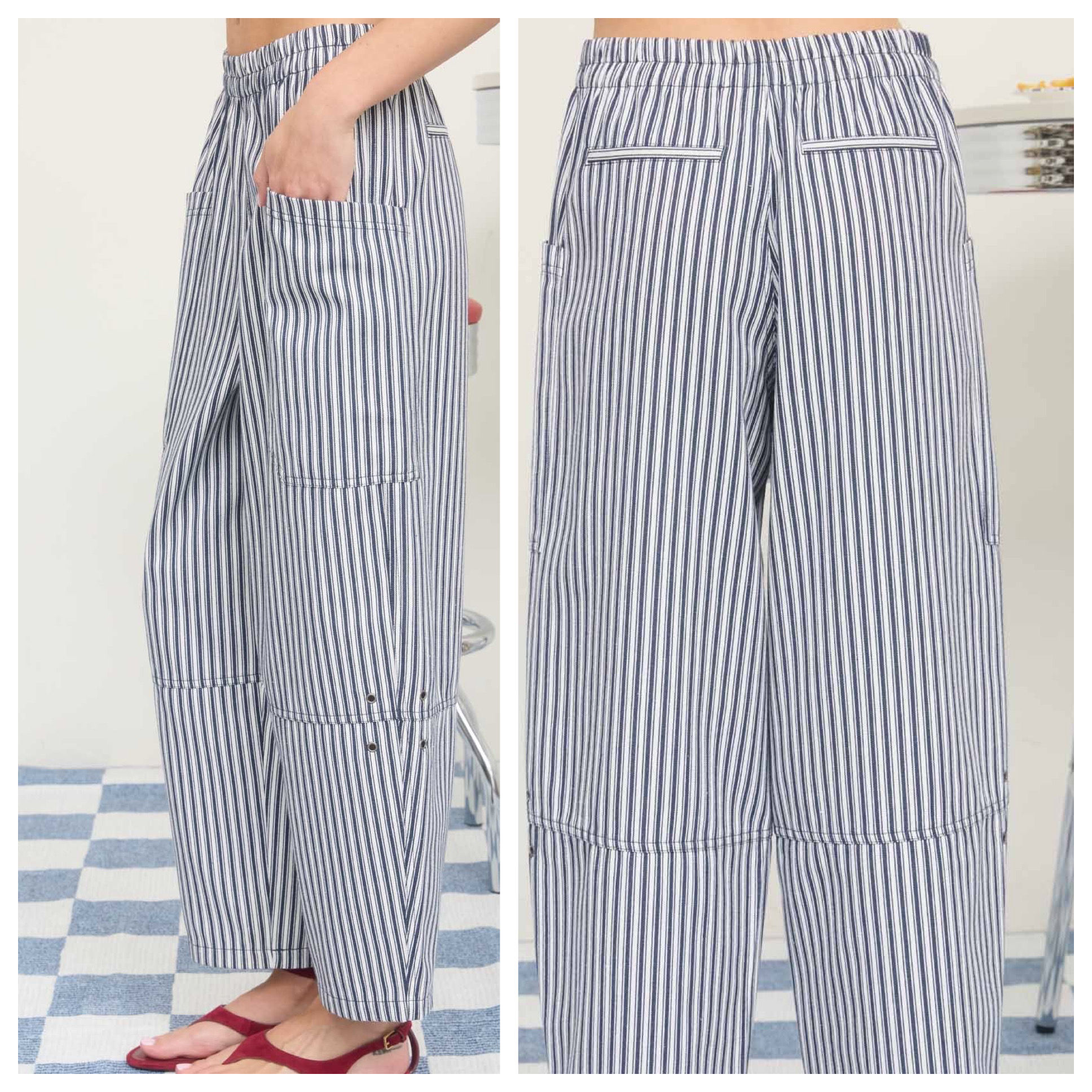 Navy Striped Patch Pocket Wide Leg Ankle Pants