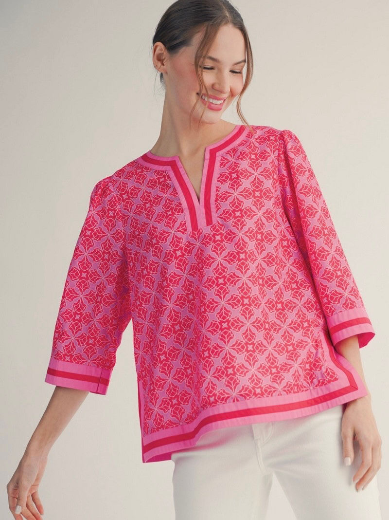 Thumbnail: Pink Medallion Print Three-Qtr Sleeve Blouse