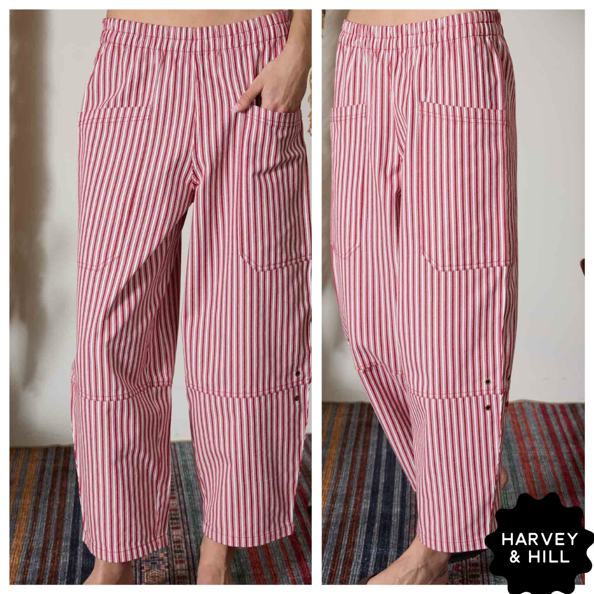 Berry Red Striped Patch Pocket Wide Leg Ankle Pants