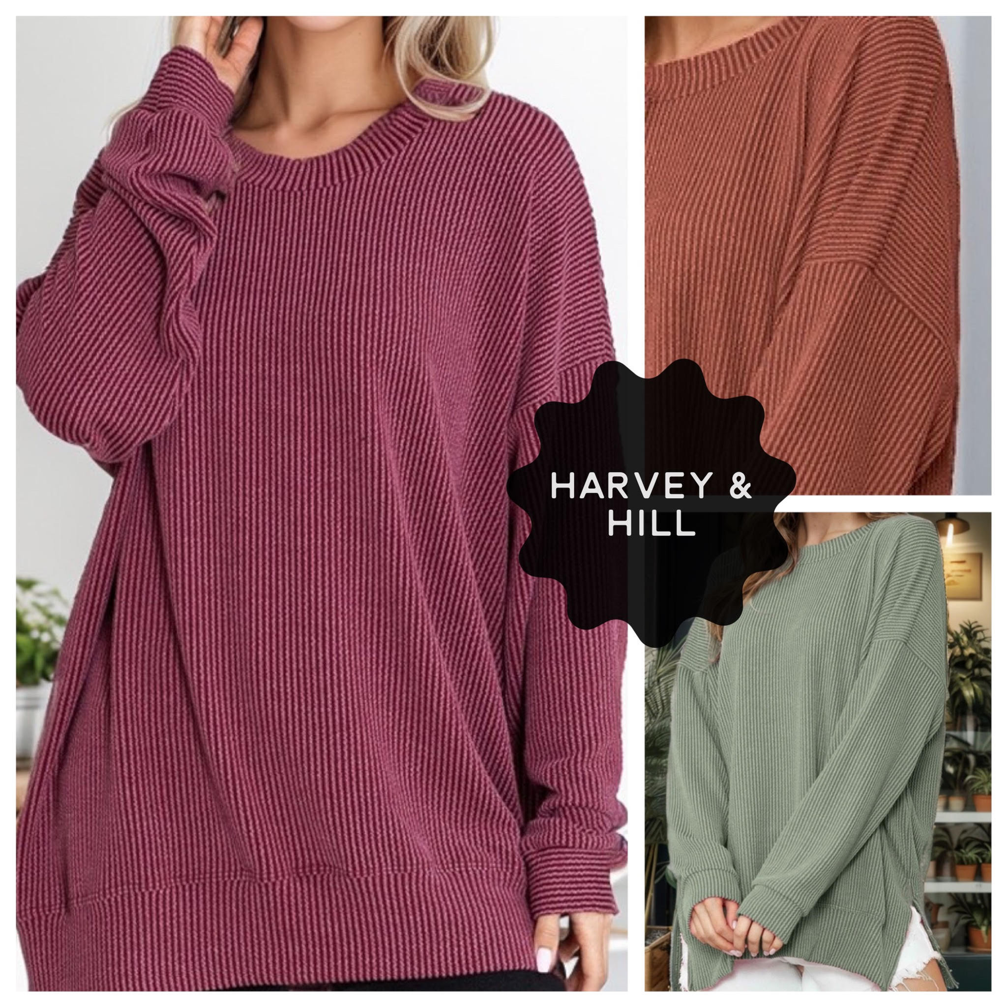 Long Sleeve Wave Rib Split Hem Tunic Tops