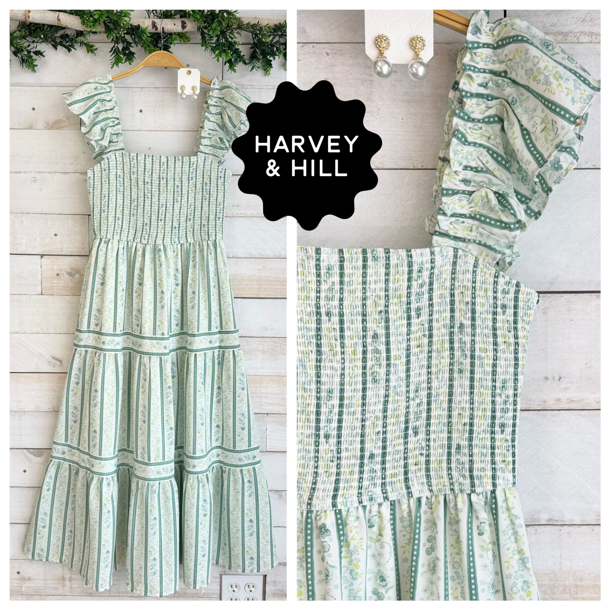 Sage Floral Print Smocked Midi Dress