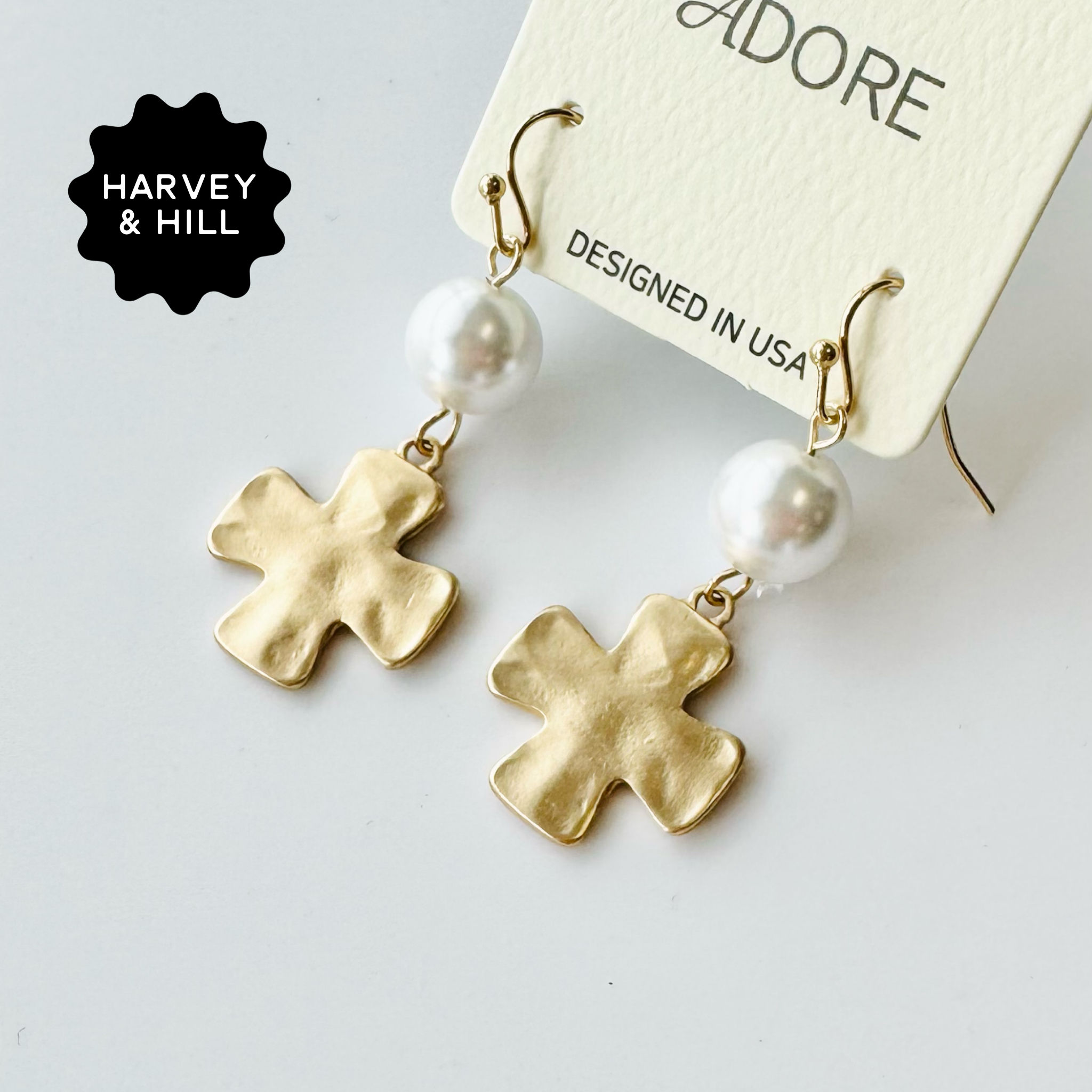 Matte Gold Hammered Cross with Pearl Drop Earrings
