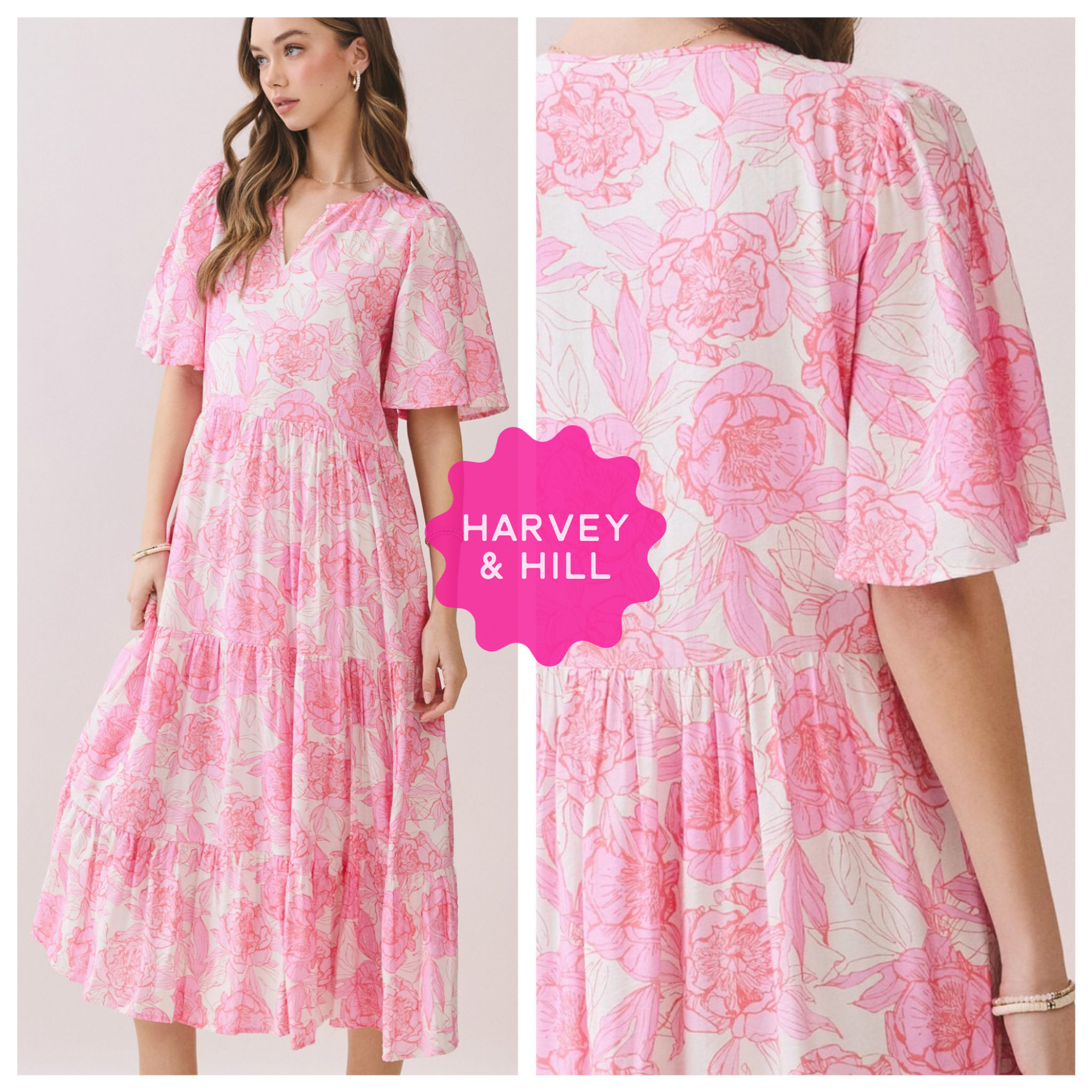 Pink Peony Floral Print Flowy Tiered Midi Dress