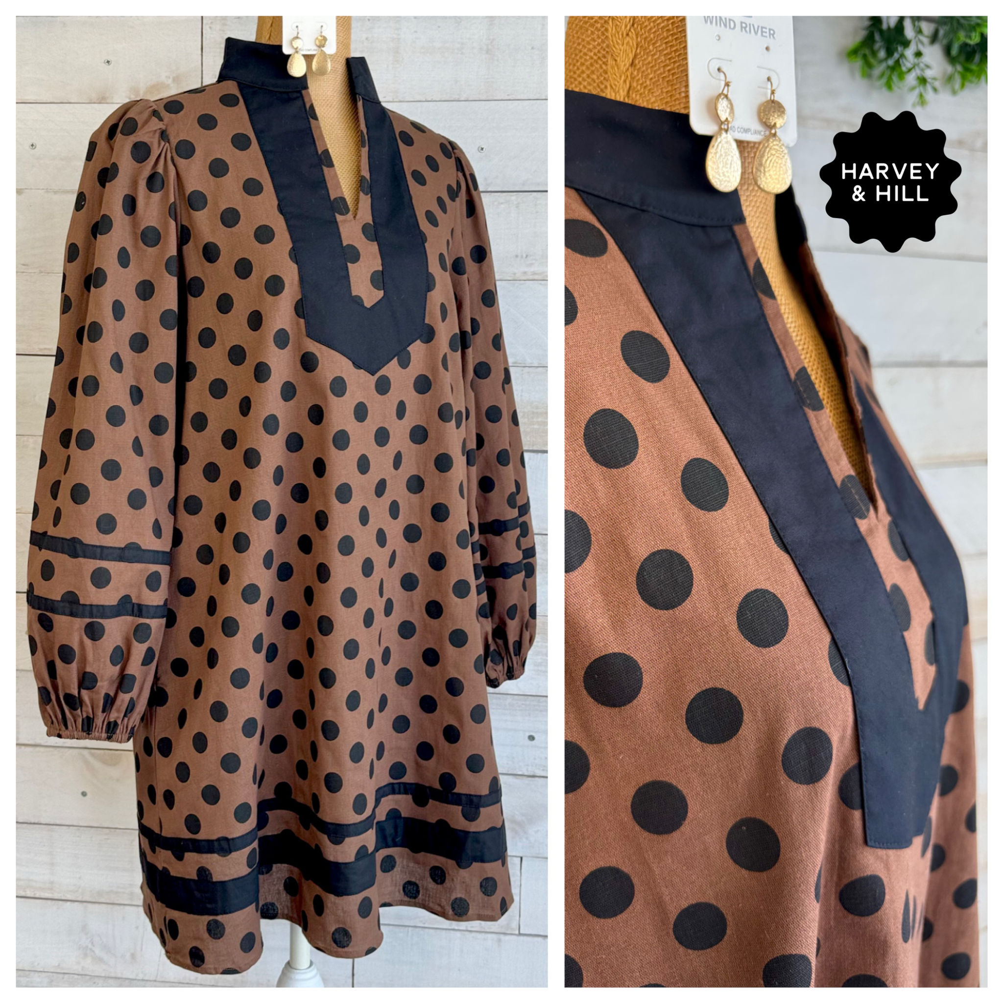 Brown and Black Puff Sleeve Polka Dot Dress