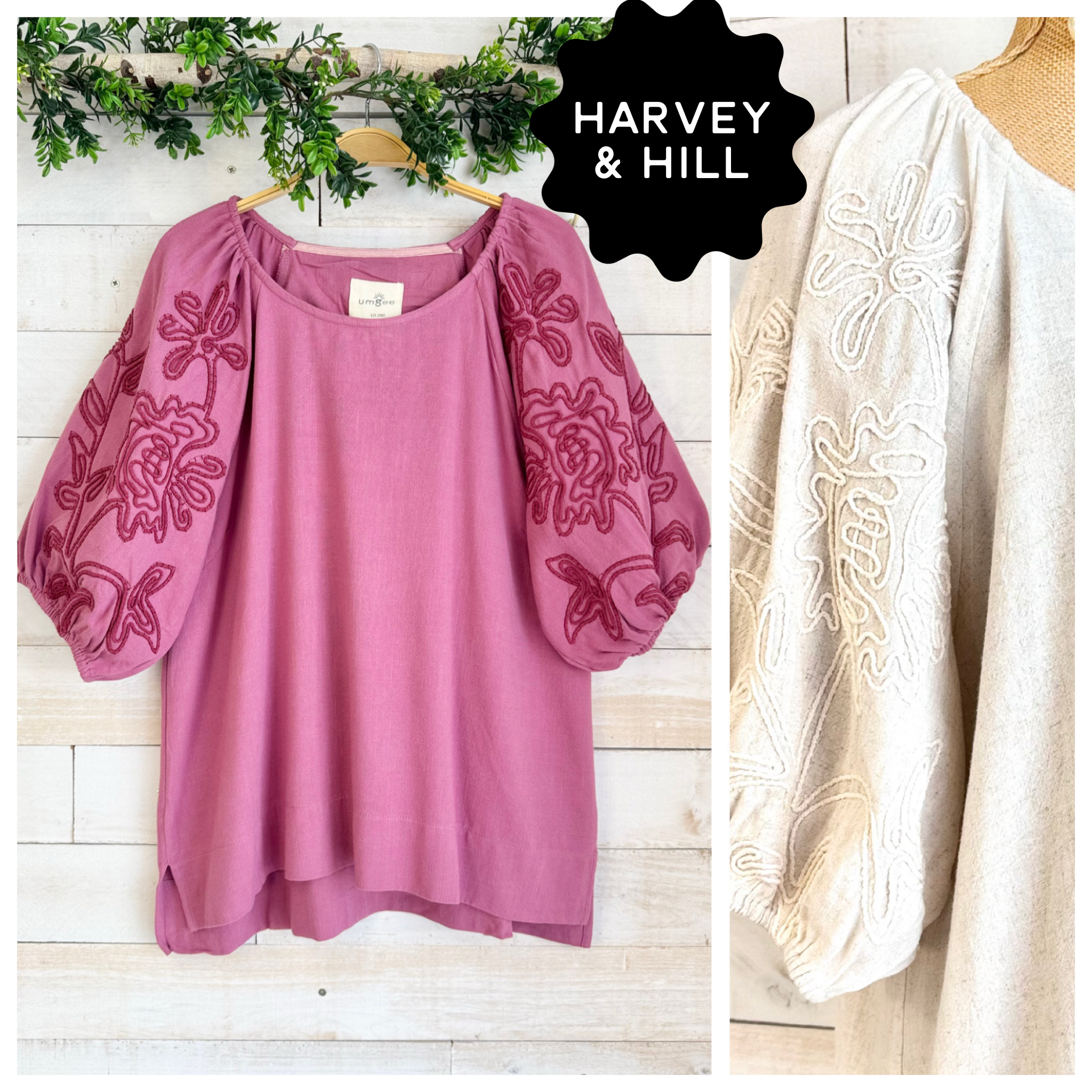 Linen Blend Embroidered Bubble Sleeve Top