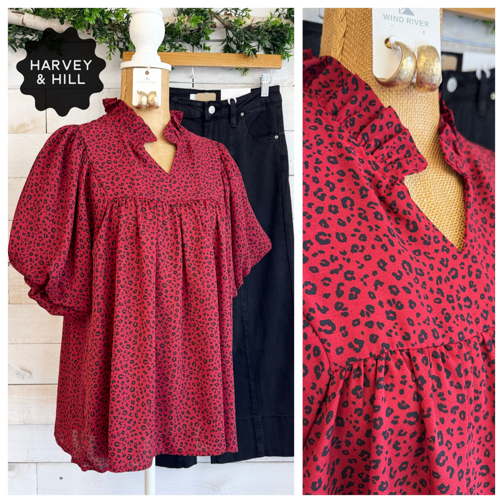 Animal Print Mock Neck Babydoll Top