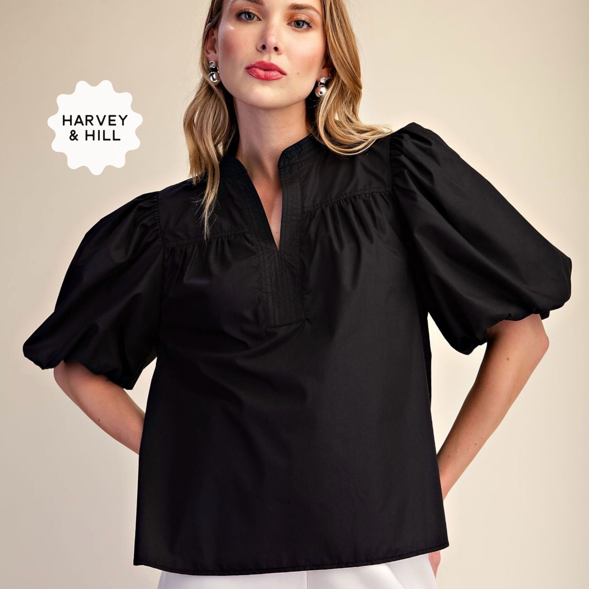 Black Cotton Blend Puff Sleeve V-Neck Top