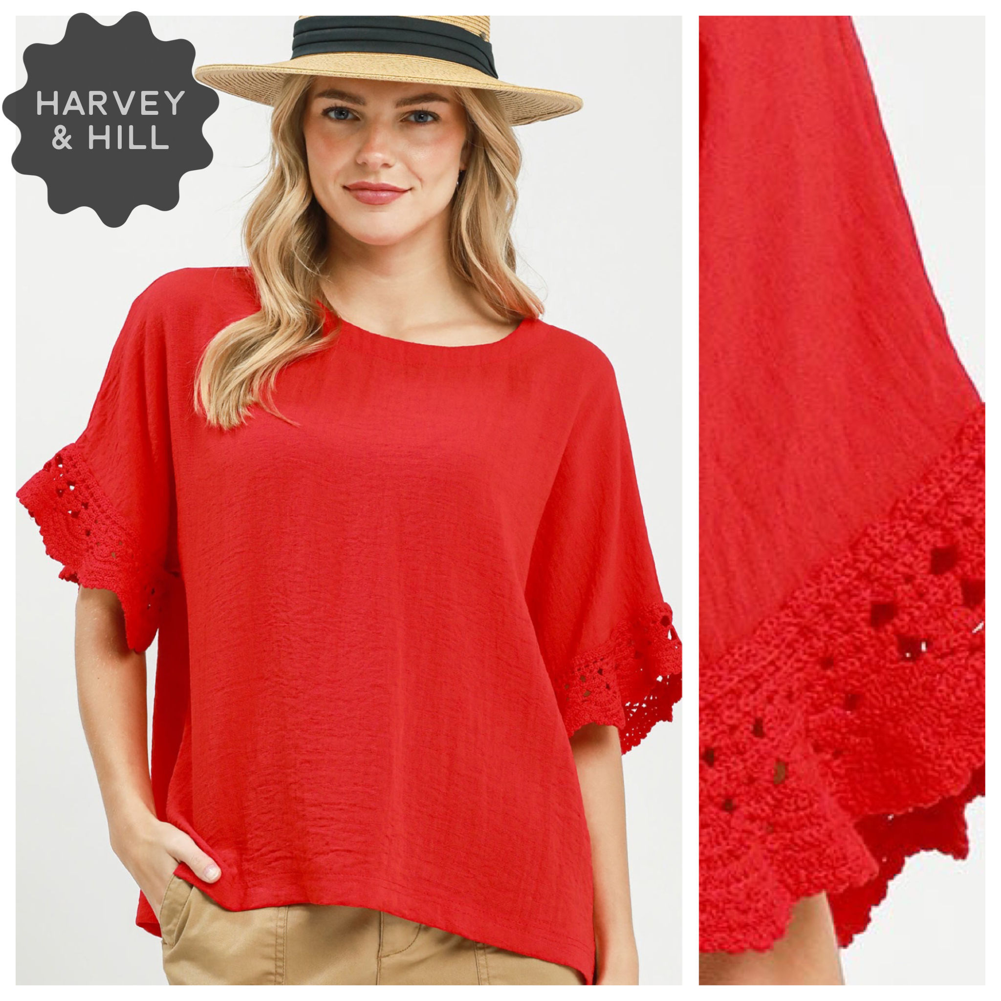 Red Boxy Woven Top with Crochet Trimmed Sleeves