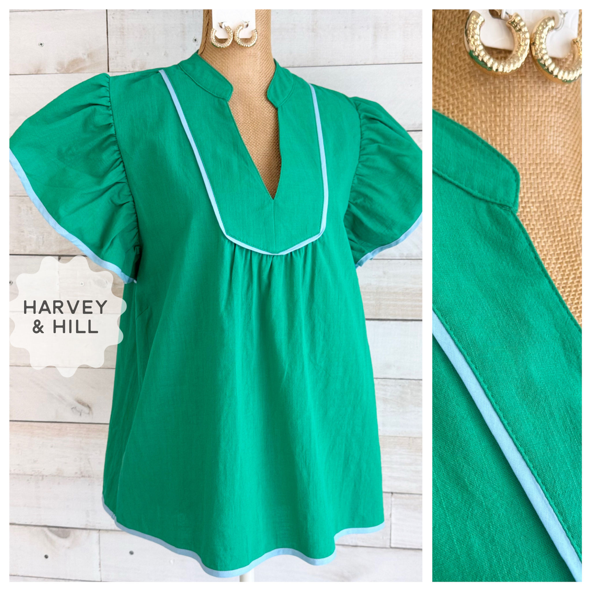 Green Woven Cotton Top with Blue Border