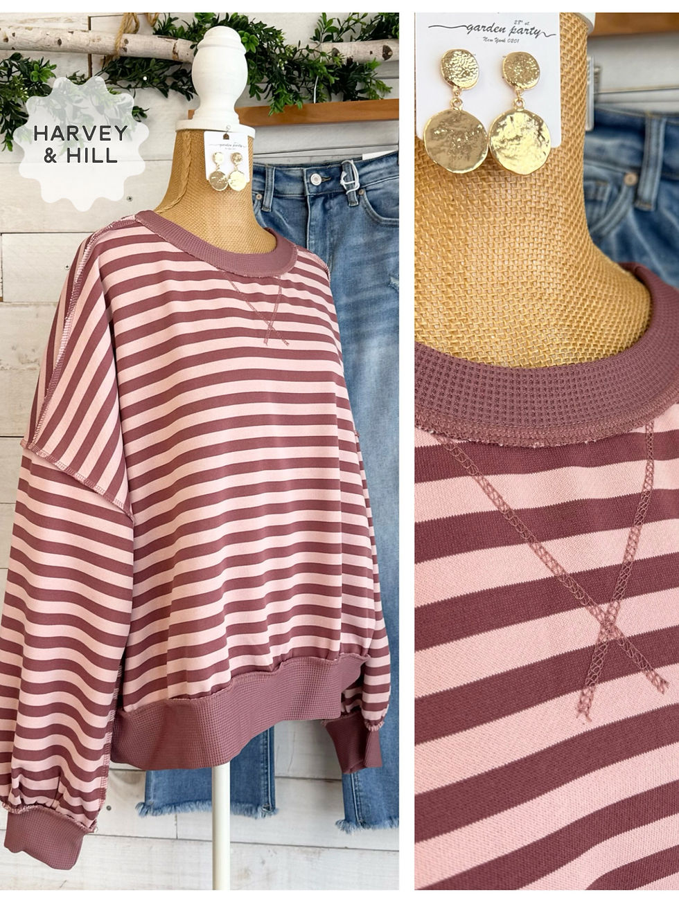 Thumbnail: Dark Mauve and Pink Striped Pullover Sweatshirt