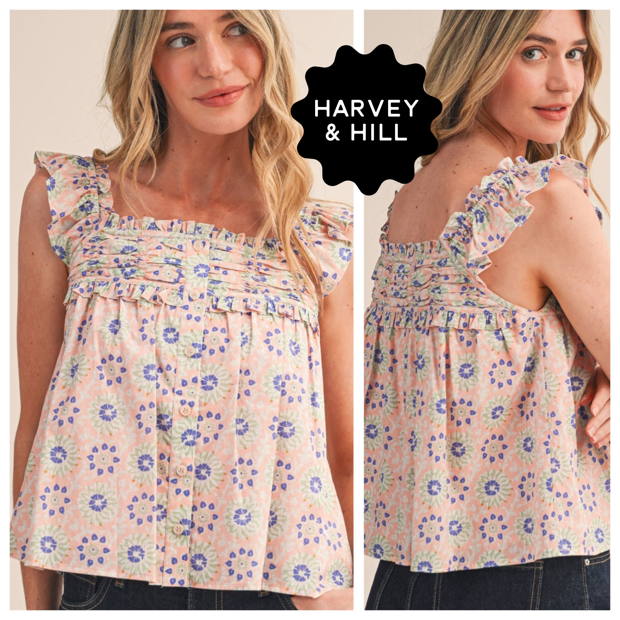 Peach Floral Smocked Button-Front Sleeveless Top