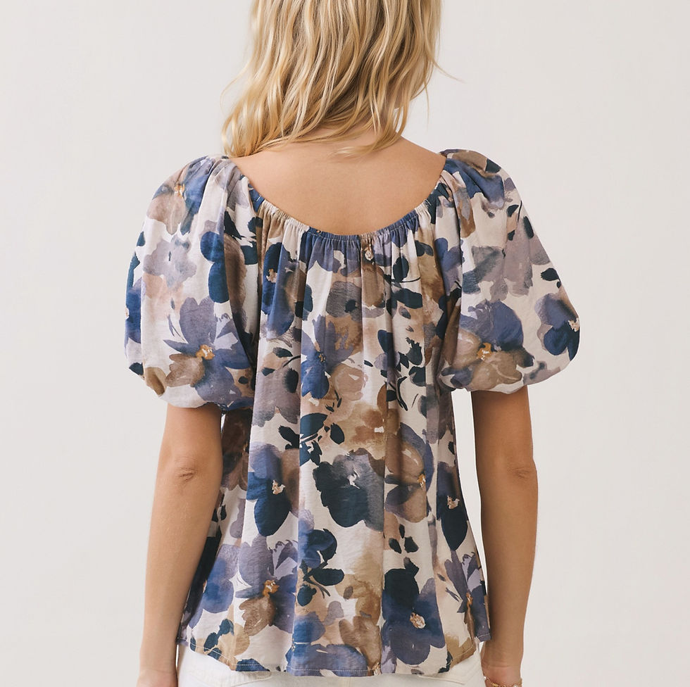 Thumbnail: Blue and Brown Fall Floral Puff Sleeve Top