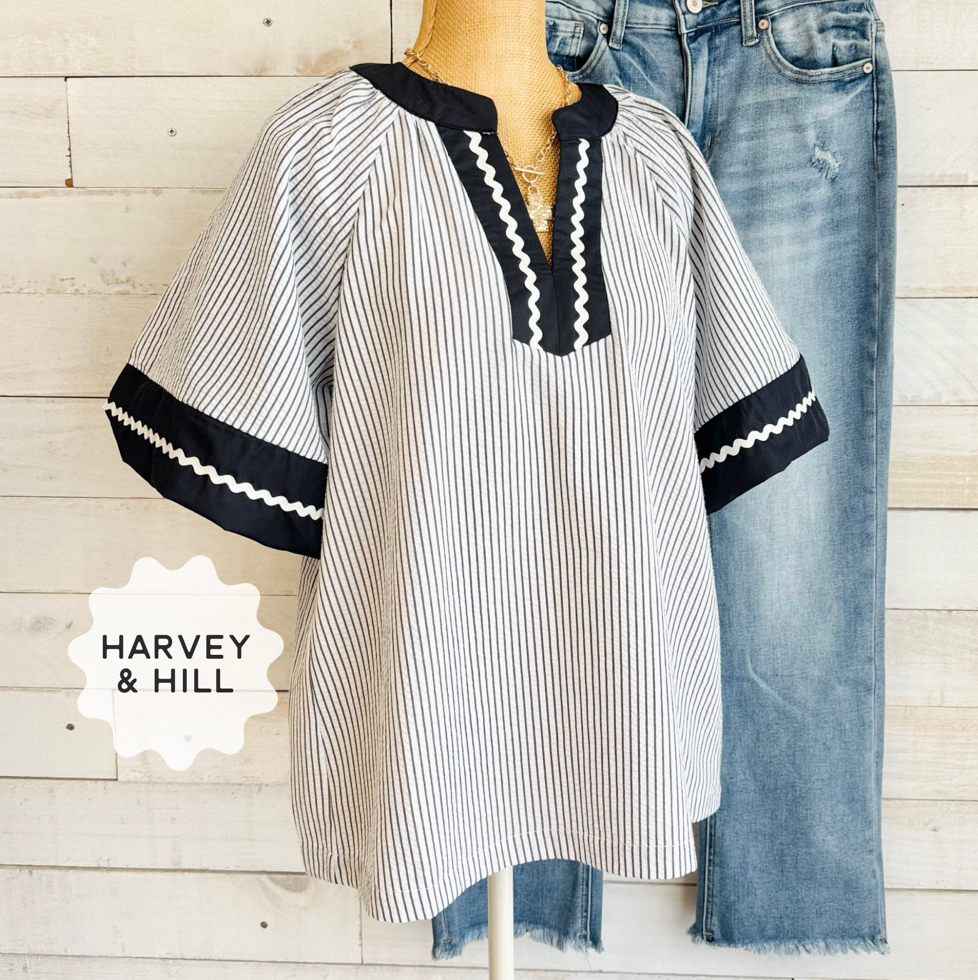 Striped White and Black Split Neck Blouse