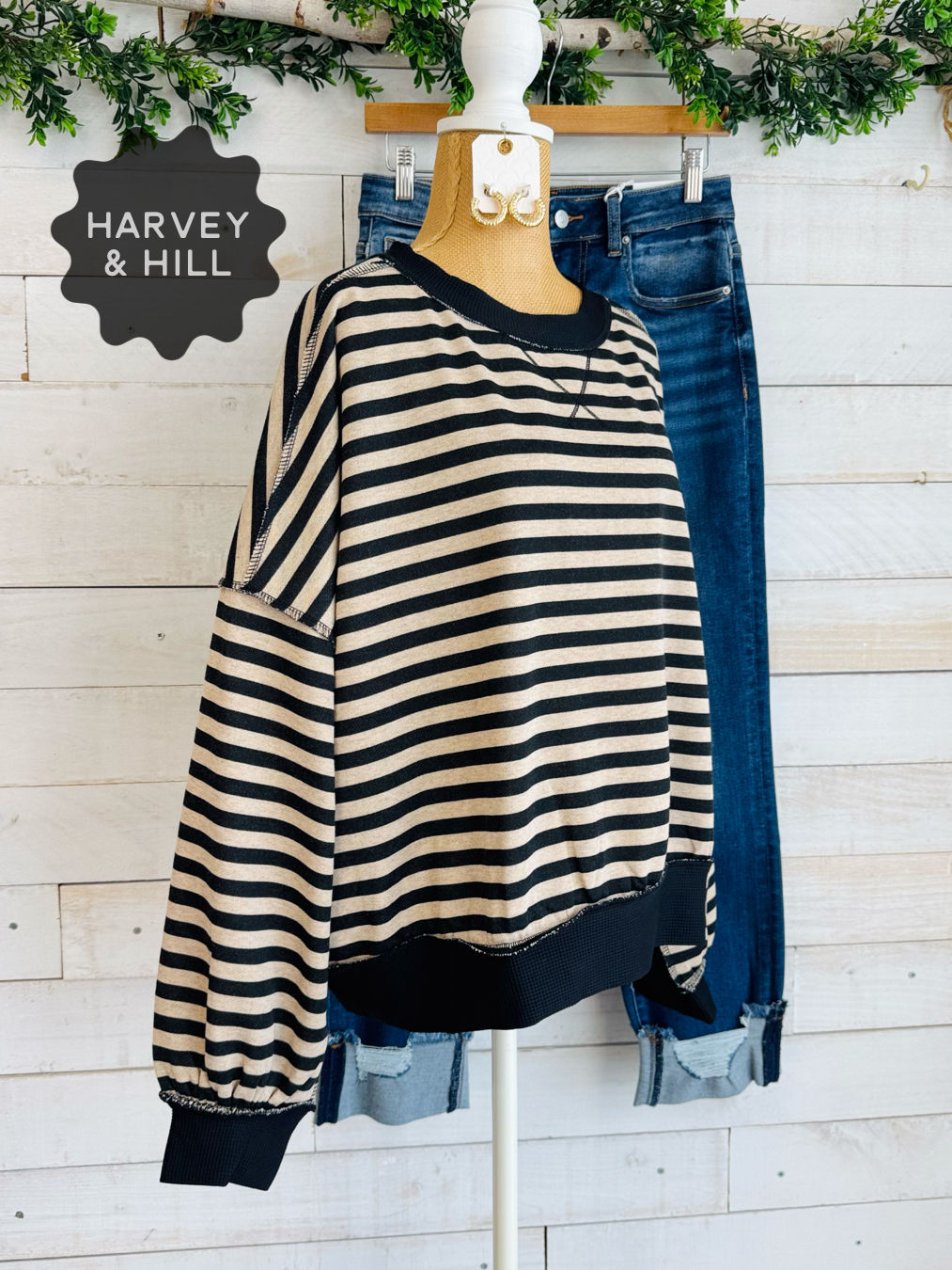 Black and Taupe Striped Boxy Sweatshirt