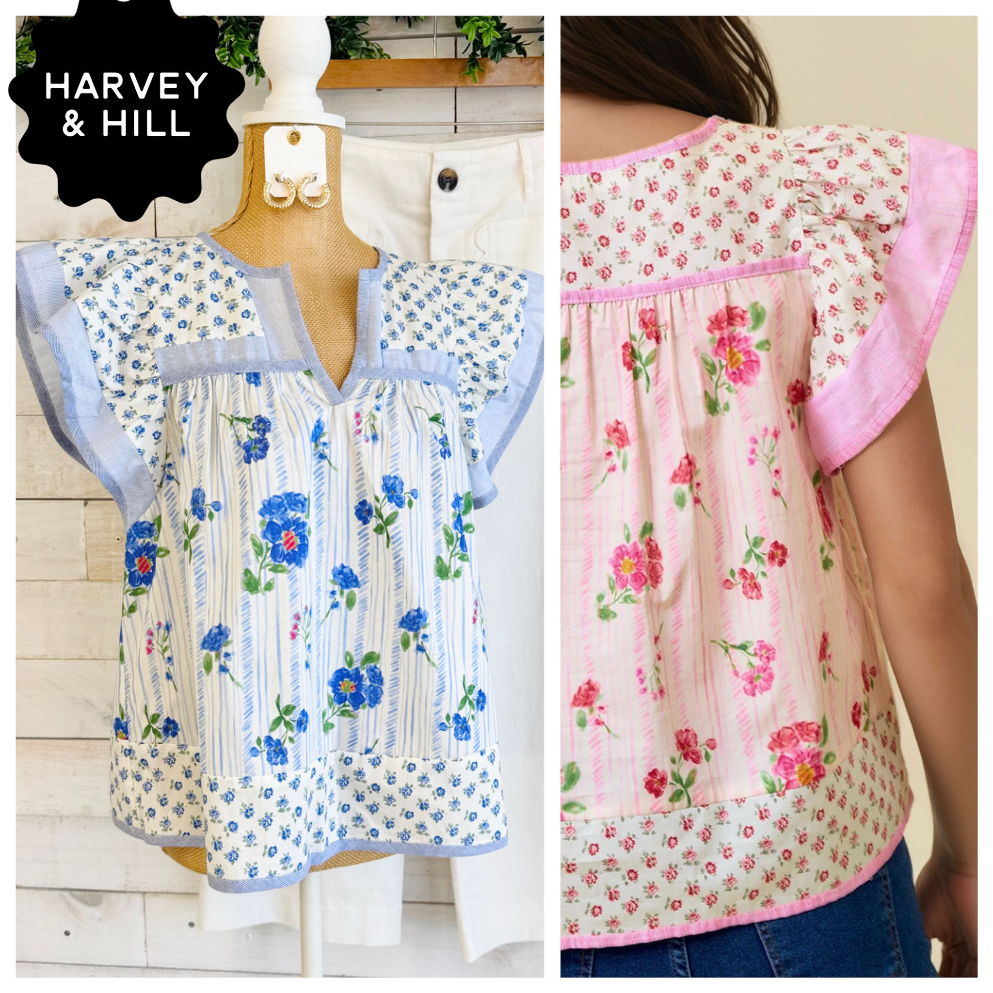 Darcy Mixed Print Flutter Sleeve Top