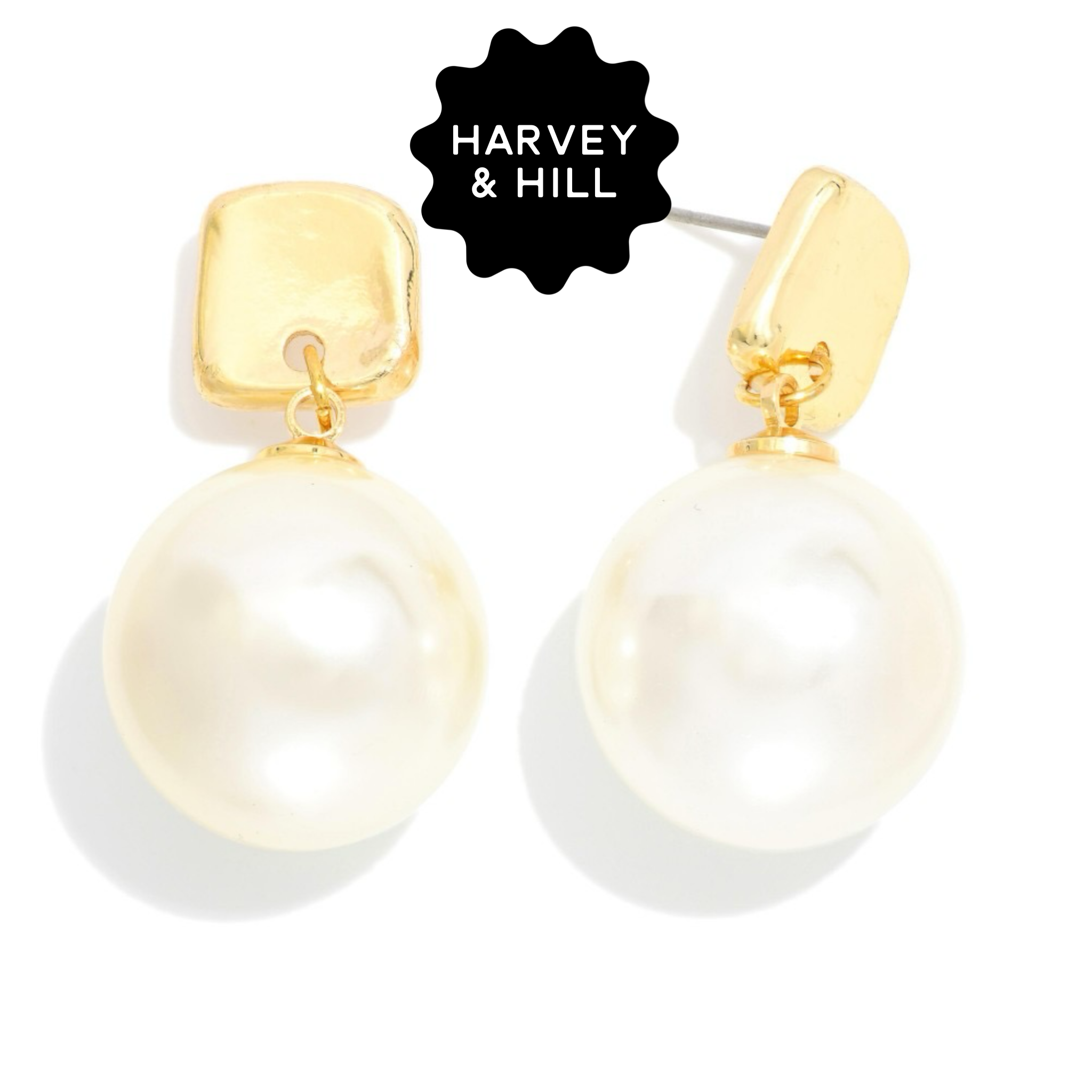 Bold Pearl Drop from Hammered Gold Square Earrings