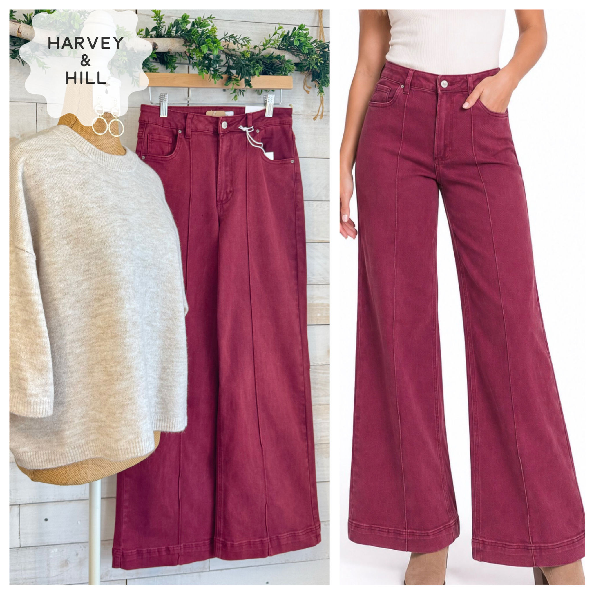 Maroon Stretchy Full Length Denim Wide-Leg Pants