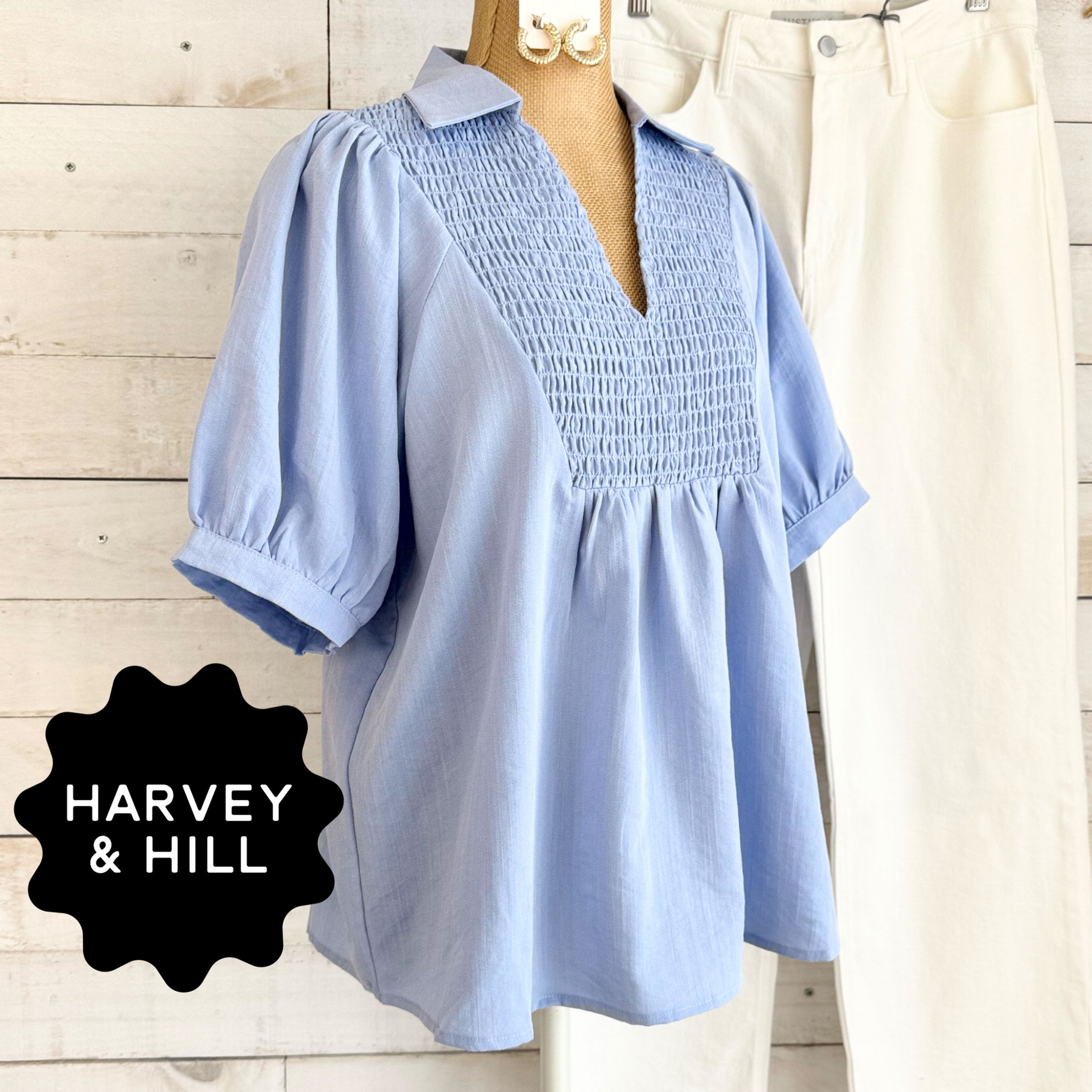 Light Blue Smocked Front Puff Sleeve Collar Top