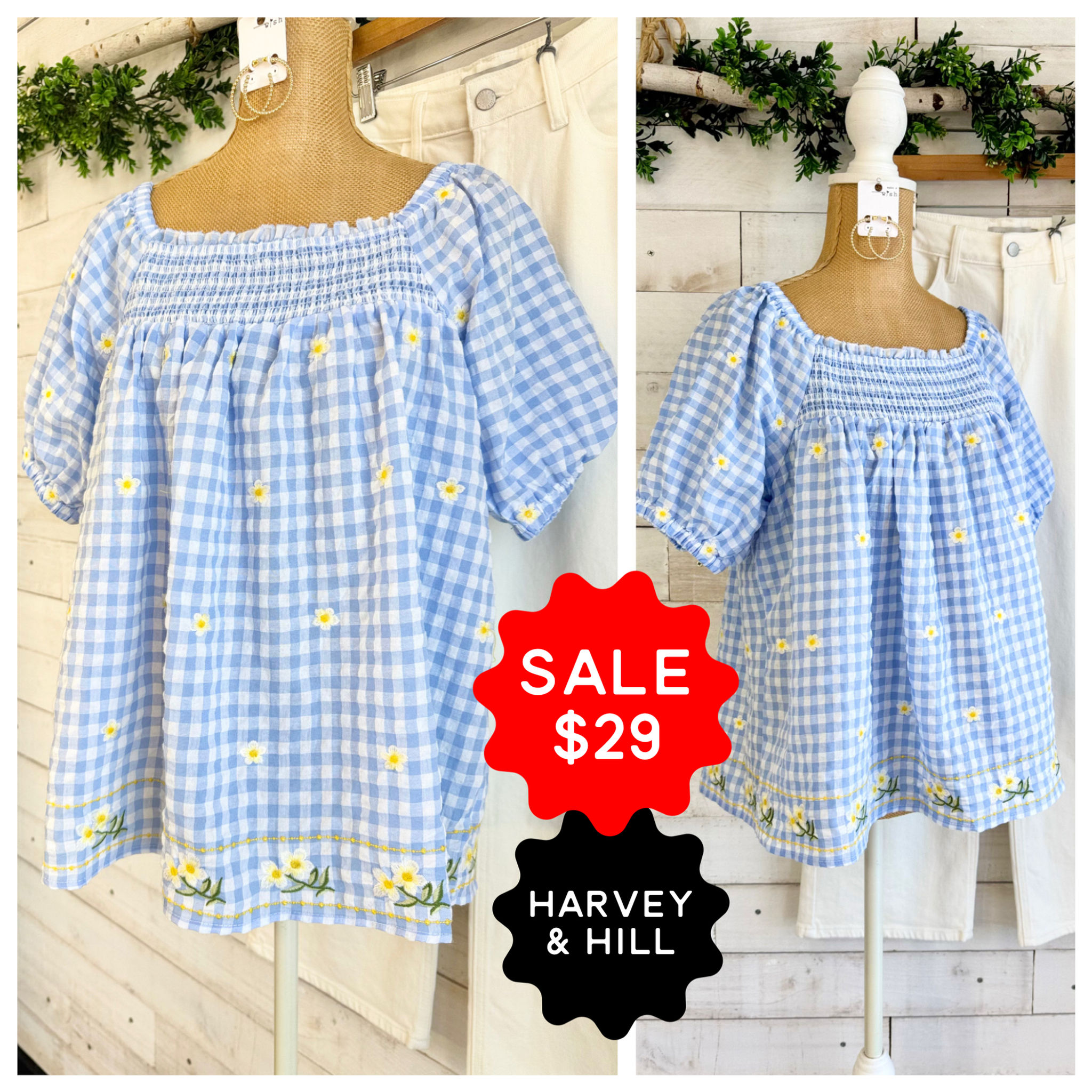 Light Blue Gingham Daisy Embroidered Smocked Top