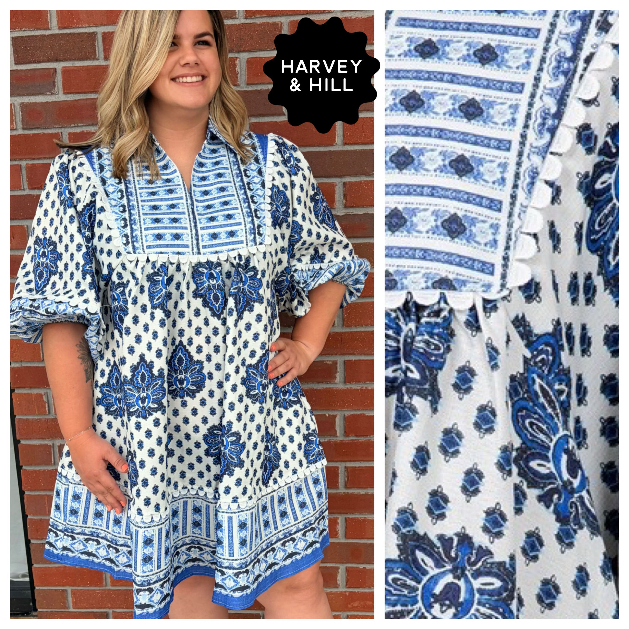 Linen Textured Blue Medallion Print Dress