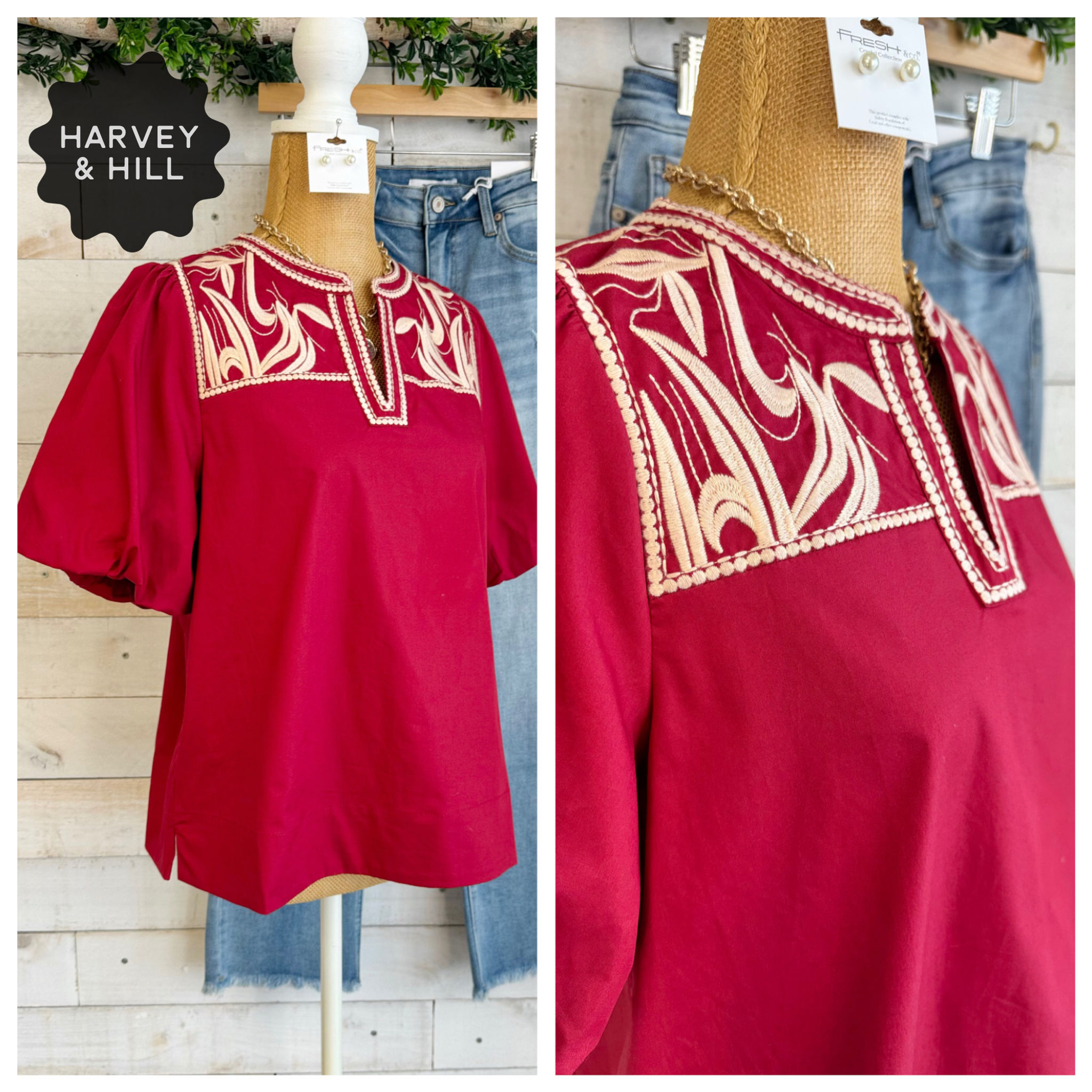 Wine Puff Sleeves Embroidered Woven Top