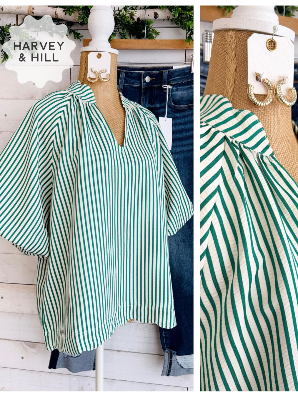 Off-White and Green Stripe Puff Sleeve Top