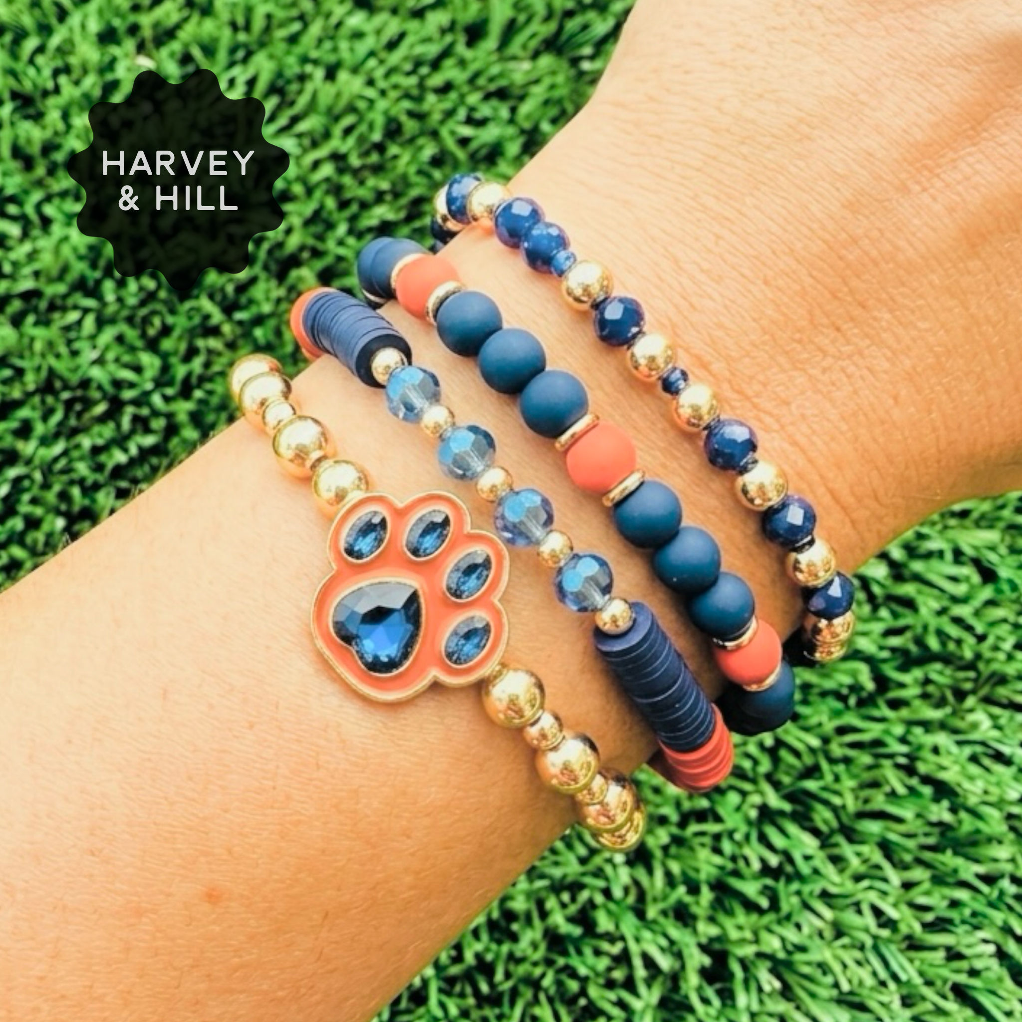 Navy and Orange Paw Print Bracelet Stack