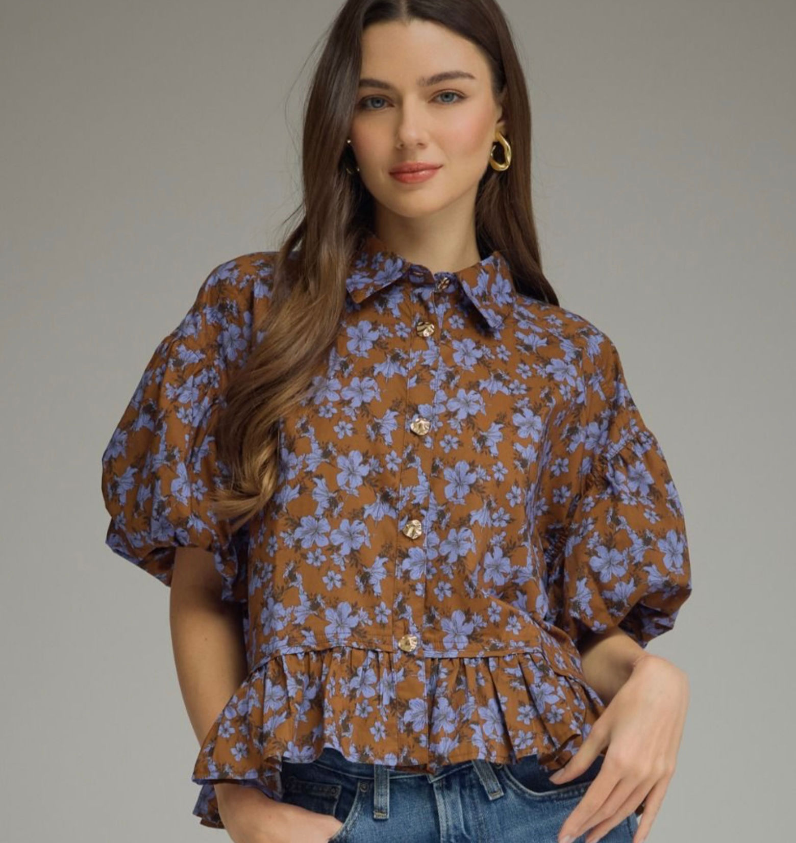 Chocolate and Lilac Floral Cotton Peplum Shirt