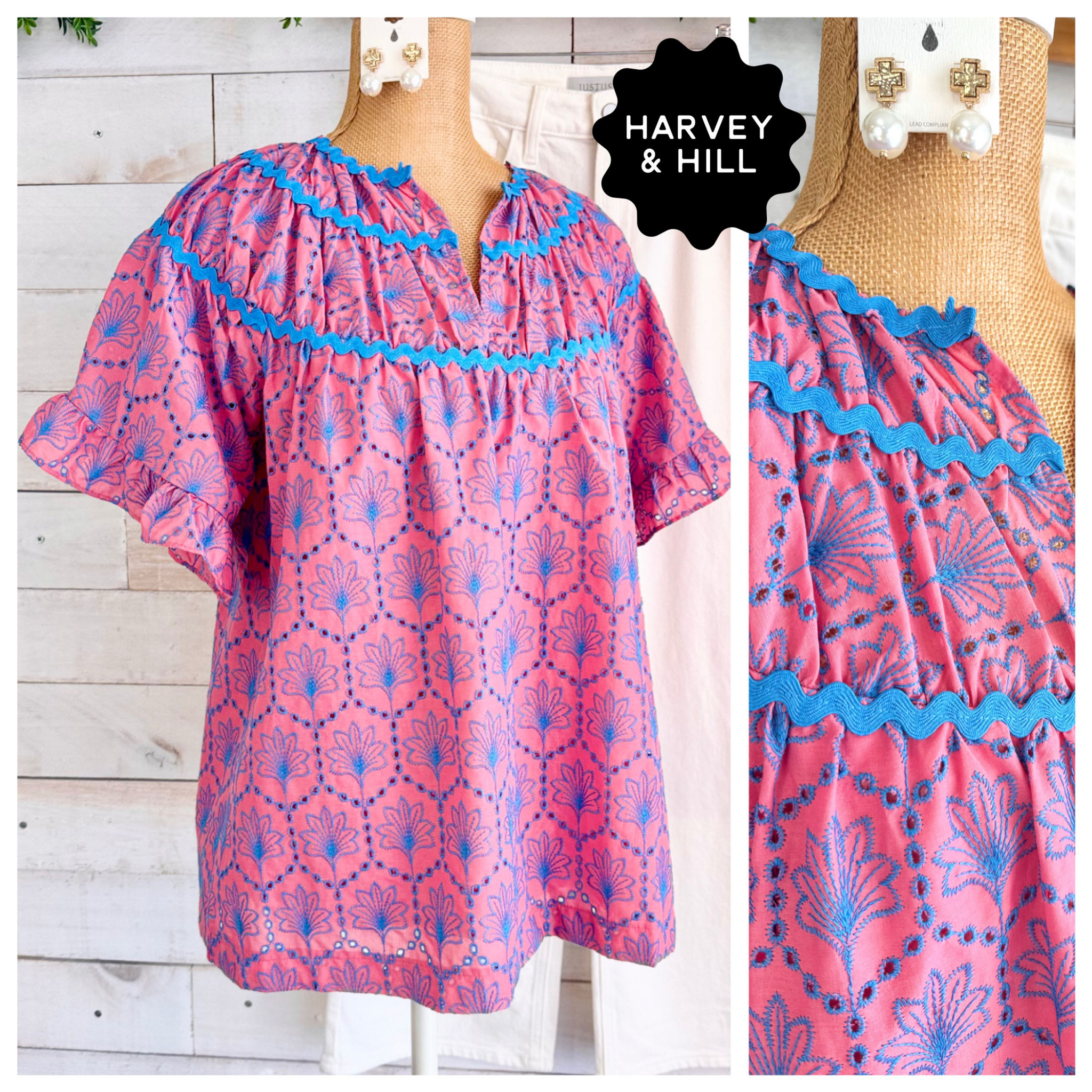 Pink and Turquoise Eyelet Embroidered Top