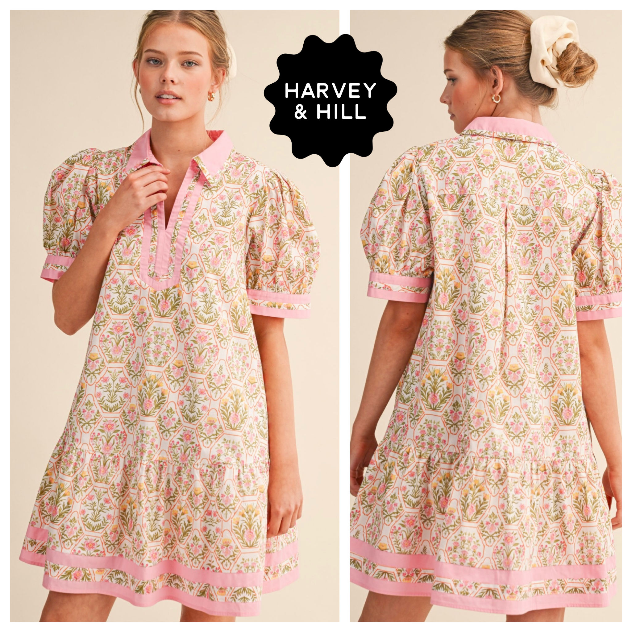 Pink and Yellow Topiary Floral Cotton A-Line Dress